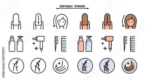 Hair straightener icons set for hair care treatment and beauty or woman salon. Editable stroke. Hair straightener appliance for female haircut straightening and haircare cosmetic treatment symbols