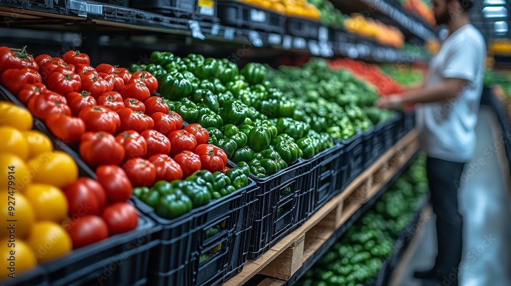 An employee wearing an apron and gloves is meticulously arranging fresh vegetables on the shelves of an eco-friendly grocery store. An employee wearing an apron and gloves is meticulously arranging fresh vegetables on the shelves of an eco-friendly grocery store.