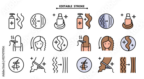 Hair straightener icons set for hair care treatment and beauty or woman salon. Editable stroke. Hair straightener appliance for female haircut straightening and haircare cosmetic treatment symbols