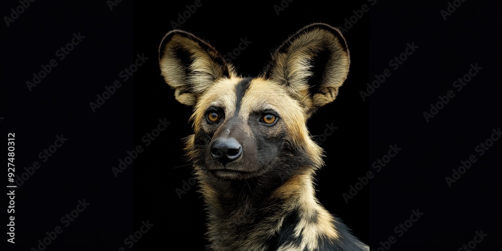 Photo of an African wild dog isolated against a black background, emphasising the African wild dog's majestic features. Wildlife and conservation concept, space for copy. Photo of an African wild dog isolated against a black background, emphasising the African wild dog's majestic features. Wildlife and conservation concept, space for copy.