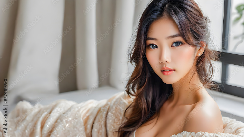 Stunning Asian portrait. Sensual smile of beautiful woman. Soft sunlight, charming eyes and clean skin. Facial spa, healthcare concept. Gorgeous girl face and long hairs. Fashion wellness. AI gen Stunning Asian portrait. Sensual smile of beautiful woman. Soft sunlight, charming eyes and clean skin. Facial spa, healthcare concept. Gorgeous girl face and long hairs. Fashion wellness. AI gen