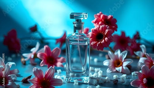 Minimal perfume bottle and flowers all over the set, top light on top of a backaround with water, saturation color scheme, bright light glass refraction, motled shading, studo lighfing, contrast high  photo