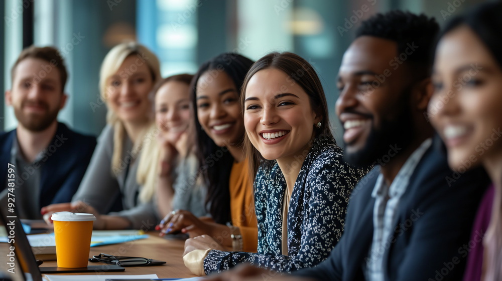 Fototapeta premium A diverse group of professionals in a business meeting, smiling and collaborating around a conference table. Various ethnicities and genders, casual but professional attire, modern office setting. 