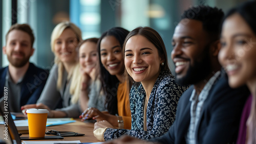 A diverse group of professionals in a business meeting, smiling and collaborating around a conference table. Various ethnicities and genders, casual but professional attire, modern office setting. 