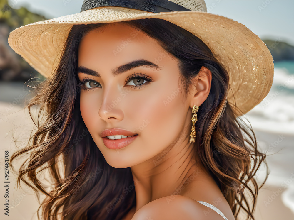 Beautiful travel portrait of gorgeous woman smiling on blur beach view. Clean skin charming eyes, long hair wearing elegant dress and straw hat. Amazingly beauty face. Summer vacation, tourism. AI gen Beautiful travel portrait of gorgeous woman smiling on blur beach view. Clean skin charming eyes, long hair wearing elegant dress and straw hat. Amazingly beauty face. Summer vacation, tourism. AI gen