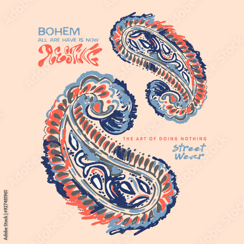 boutique and paisley front print design, summer print design, women's graphic t-shirt design, retro hand drawn digital painting , calligraphic design vibes