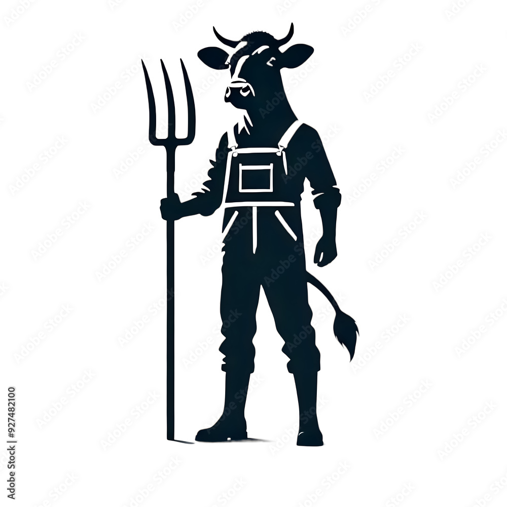 The silhouette images of a cow farmer with a pitchfork and overalls. The silhouette images of a cow farmer with a pitchfork and overalls.