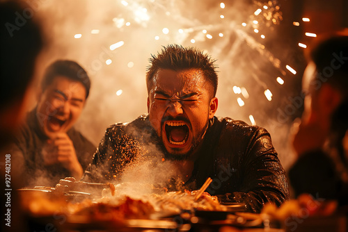 An intense moment at a celebration, featuring joyful expressions and dynamic energy amidst fireworks and a lively atmosphere. photo