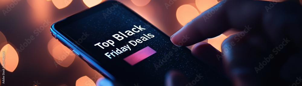 Online Shopping for Black Friday Deals Concept - Hand Scrolling Through Smartphone with Copy Space for Text Online Shopping for Black Friday Deals Concept - Hand Scrolling Through Smartphone with Copy Space for Text