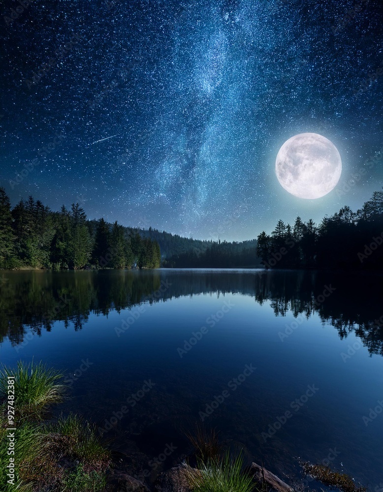 peaceful night scene with a calm lake reflecting the full moon and stars, peaceful night scene with a calm lake reflecting the full moon and stars,