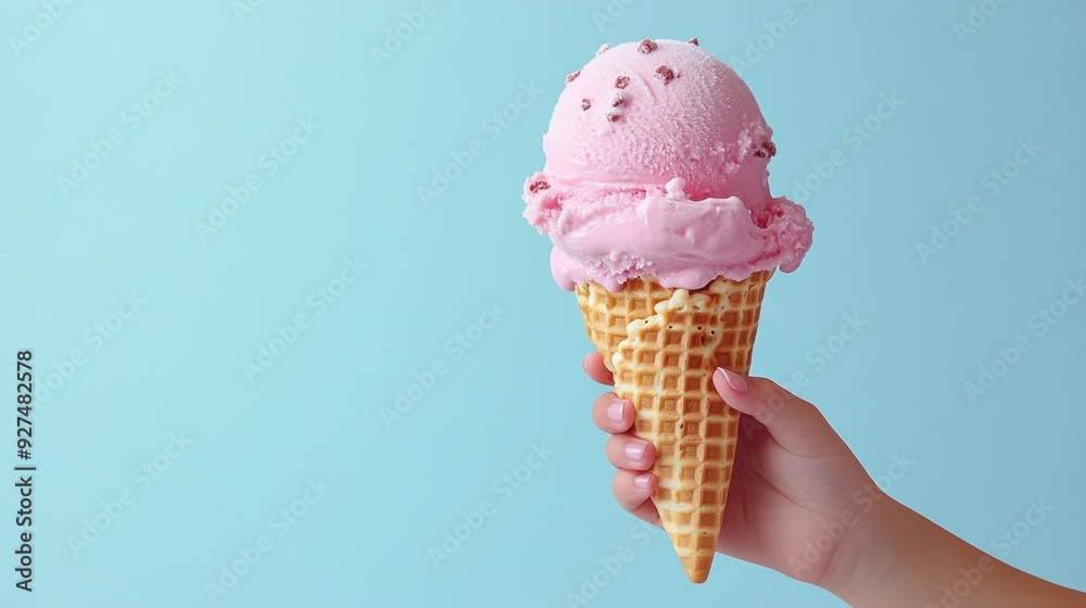 A young hand proudly displays a vibrant pink ice cream cone with sprinkles A young hand proudly displays a vibrant pink ice cream cone with sprinkles