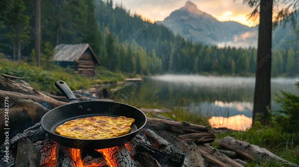 A photo of an omelet in a cast-iron pan on a fire, at the top of mountains with a forest and an old wooden cabin by a lake A photo of an omelet in a cast-iron pan on a fire, at the top of mountains with a forest and an old wooden cabin by a lake
