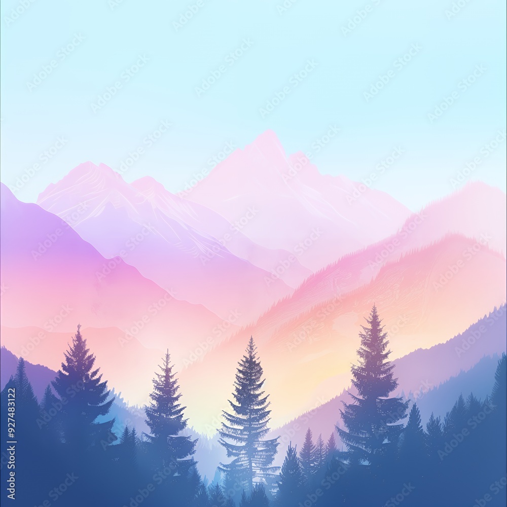Silhouette of a mountain range with pine trees against a pastel sky. Silhouette of a mountain range with pine trees against a pastel sky.