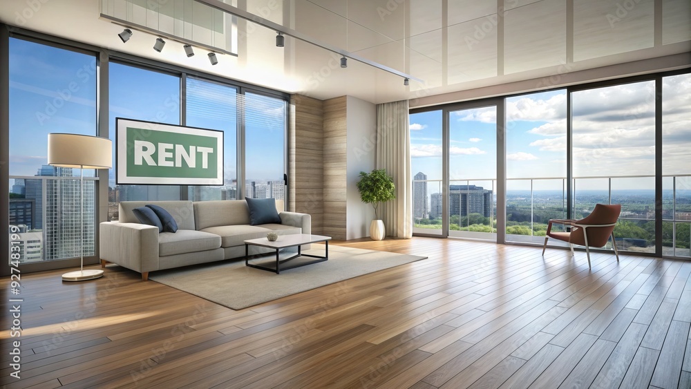 A vacant modern apartment with minimal furnishings, large windows, and a clean floor, ready for occupancy, with a A vacant modern apartment with minimal furnishings, large windows, and a clean floor, ready for occupancy, with a