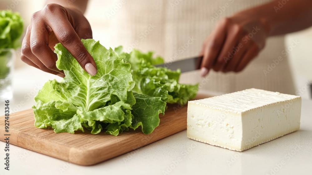 Chopping vibrant lettuce beside a block of soft cheese for a healthy meal Chopping vibrant lettuce beside a block of soft cheese for a healthy meal