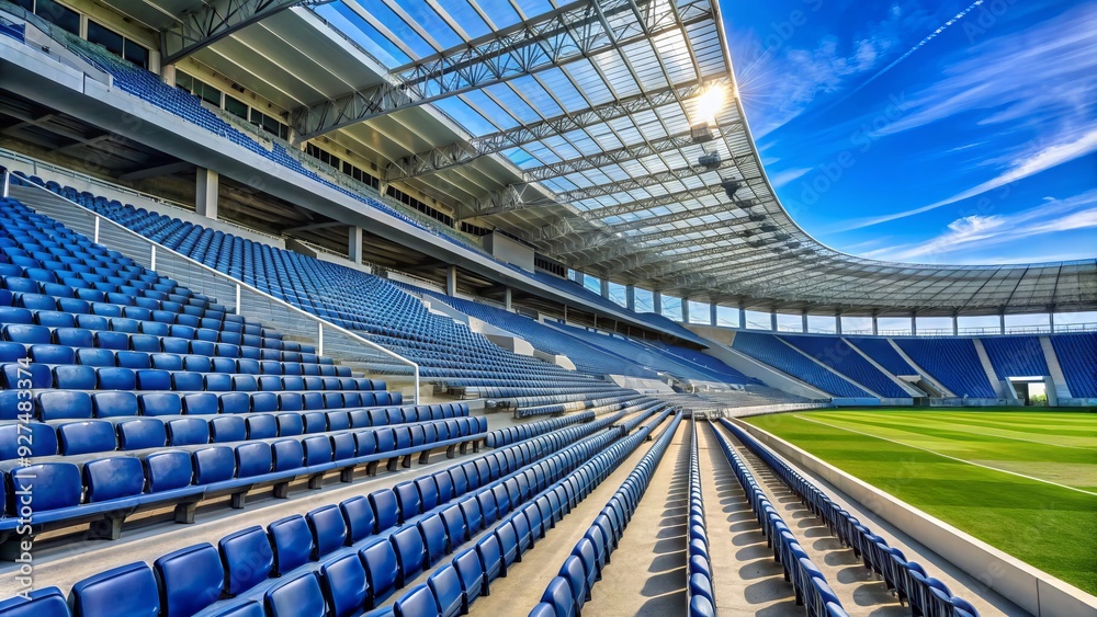 Fototapeta premium A vast, vacant, and eerie silence fills a modern sports stadium with rows of empty seats, devoid of fans, under a clear blue sky.