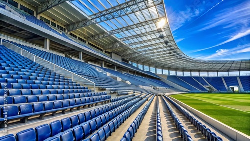 A vast, vacant, and eerie silence fills a modern sports stadium with rows of empty seats, devoid of fans, under a clear blue sky. photo