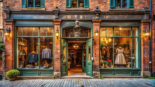 A vintage-inspired, eclectic boutique storefront displays bold, towering font signage amidst distressed brick and ornate metalwork, evoking nostalgia and urban charm. photo