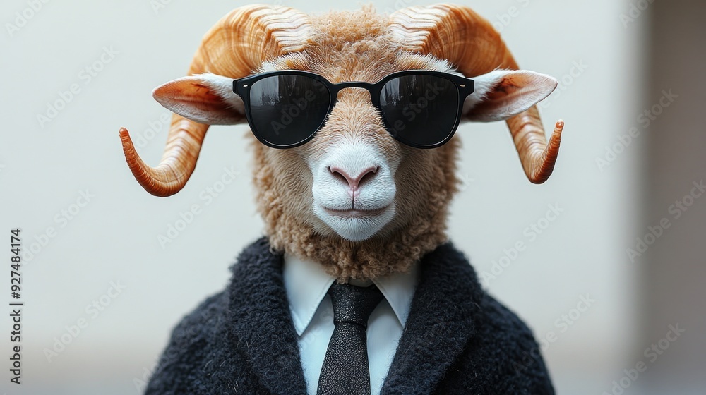 A ram dressed in a suit and sunglasses exudes charm in the city A ram dressed in a suit and sunglasses exudes charm in the city