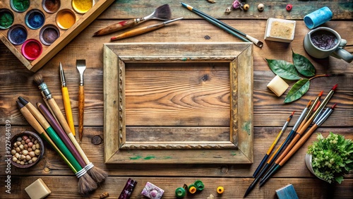 A vintage wooden frame lies on a rustic wooden desk, surrounded by scattered art supplies, awaiting a new creative vision to be reframed and reborn. photo