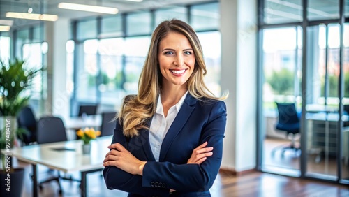 A warm and approachable business woman with a genuine, confident, and friendly smile, conveying trust and approachability in a modern office setting. photo