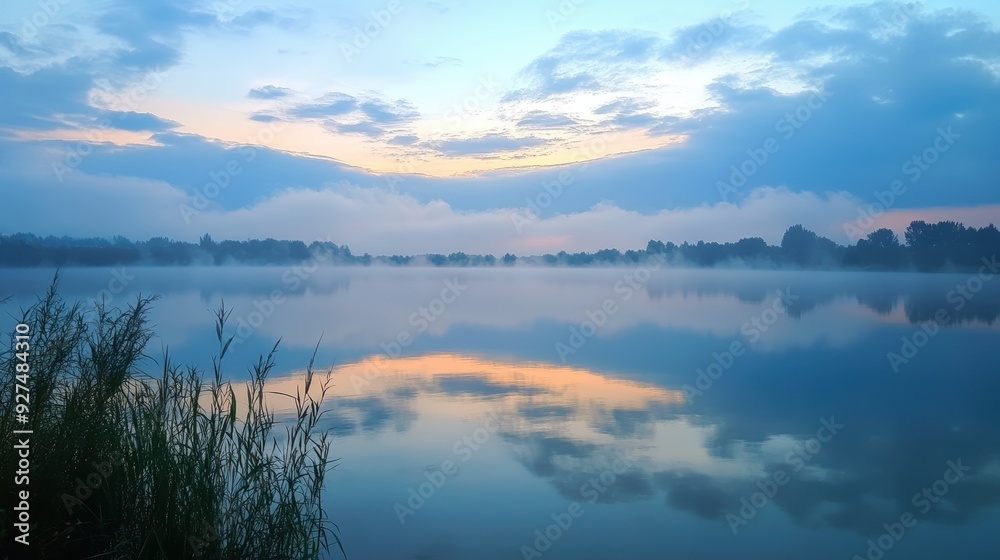 Fototapeta premium Serene Morning Serenity: Misty Sky and Clouds Reflecting on Peaceful Lake