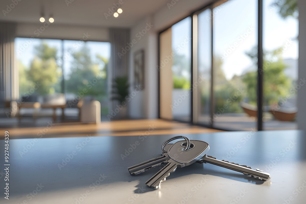 A set of keys on a table in a modern home interior, with an open kitchen, living room, sofa, and window in the background. A set of keys on a table in a modern home interior, with an open kitchen, living room, sofa, and window in the background.