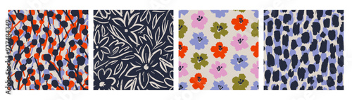 Set of Abstract contemporary seamless pattern with hand drawn flower shapes, spots, dots and lines with textures. Vibrant boho print. Modern collage vector illustration