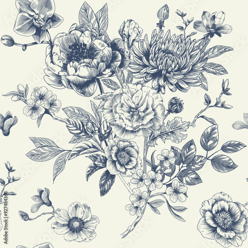 Abstract modern floral seamless pattern with hand drawn flower in Toile de jouy style. Retro elegance repeat print. Vintage design for fabric, wallpaper or wrapping