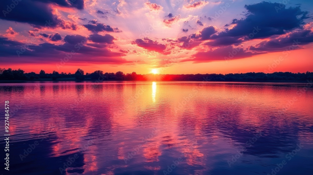 Fototapeta premium Serene Lake Reflection of Vibrant Red and Purple Sunset Clouds