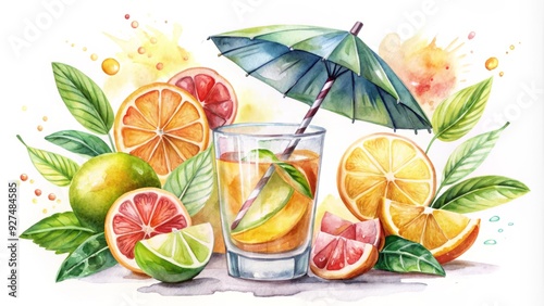 A watercolor illustration of a refreshing cocktail with umbrella and lime, surrounded by loose pencil sketches of citrus fruits and playful creative elements. photo