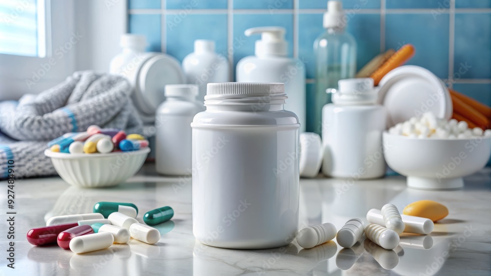 A white bottle of acetaminophen pain reliever capsules sits on a cluttered bathroom counter surrounded by other medications and healthcare accessories. A white bottle of acetaminophen pain reliever capsules sits on a cluttered bathroom counter surrounded by other medications and healthcare accessories.