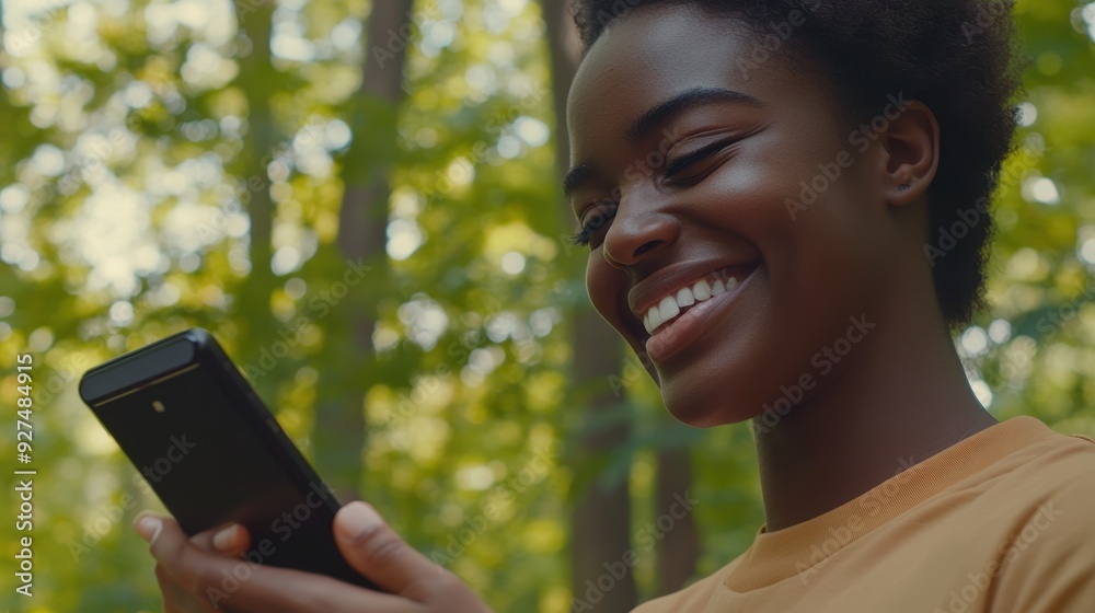 Smiling Young Woman Enjoying Smartphone Outdoors in Nature