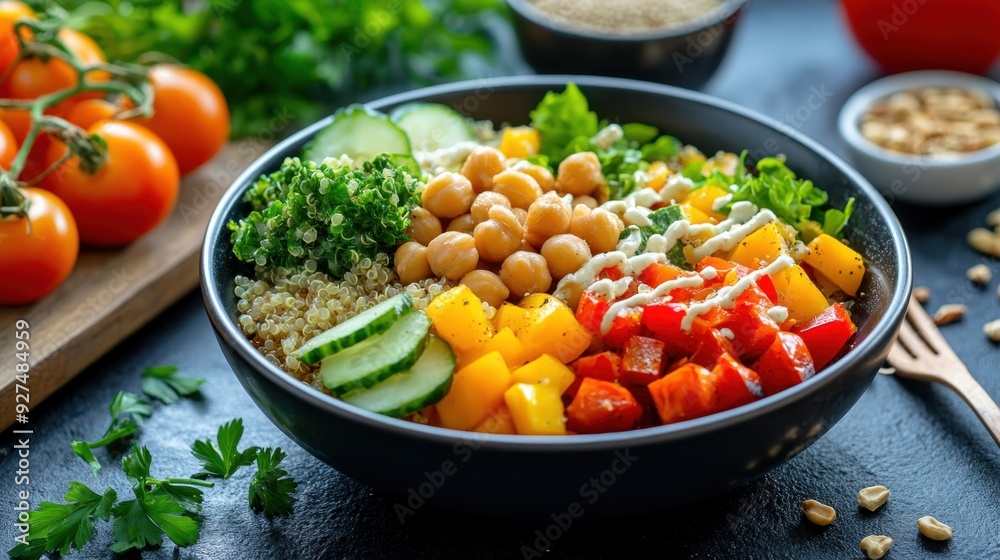 A close-up of a bowl of quinoa salad with roasted vegetables, chickpeas, and a drizzle of tahini dressing, surrounded by fresh herbs and nuts A close-up of a bowl of quinoa salad with roasted vegetables, chickpeas, and a drizzle of tahini dressing, surrounded by fresh herbs and nuts