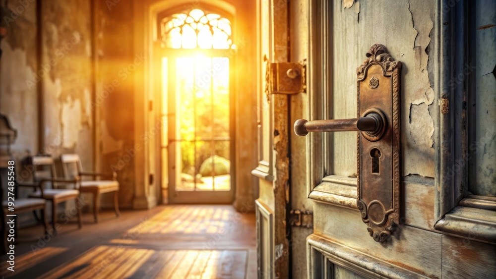 Obraz premium A worn metal door with old-fashioned door handle and keyhole slowly creaks open, revealing a bright and airy hallway with warm natural light.
