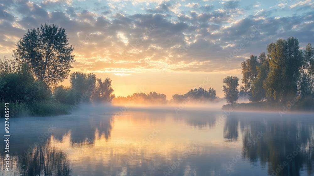 Fototapeta premium Serene Morning Bliss: Misty Sky and Soft Clouds Embracing Calmness in Nature