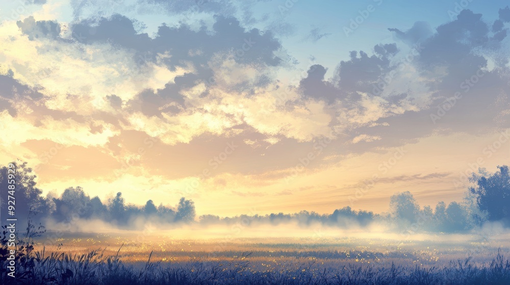 Fototapeta premium Serene Dawn: Misty Morning Sky with Soft Clouds