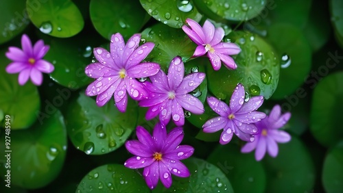 rain soaked purple and white flowers next to green leaves and water dropletss on them photo