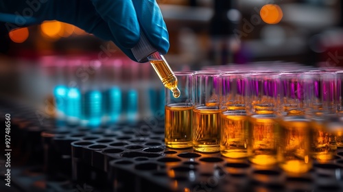 Close-up of a chemist's hand wearing a blue protective glove, pipetting orange-yellow liquid into a test tube in a laboratory setting with blurred background.