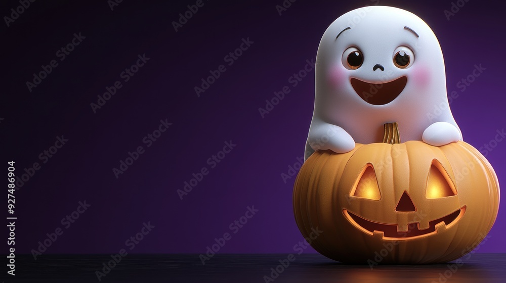 A playful ghost sits happily on a jack-o'-lantern, celebrating Halloween joyfully A playful ghost sits happily on a jack-o'-lantern, celebrating Halloween joyfully