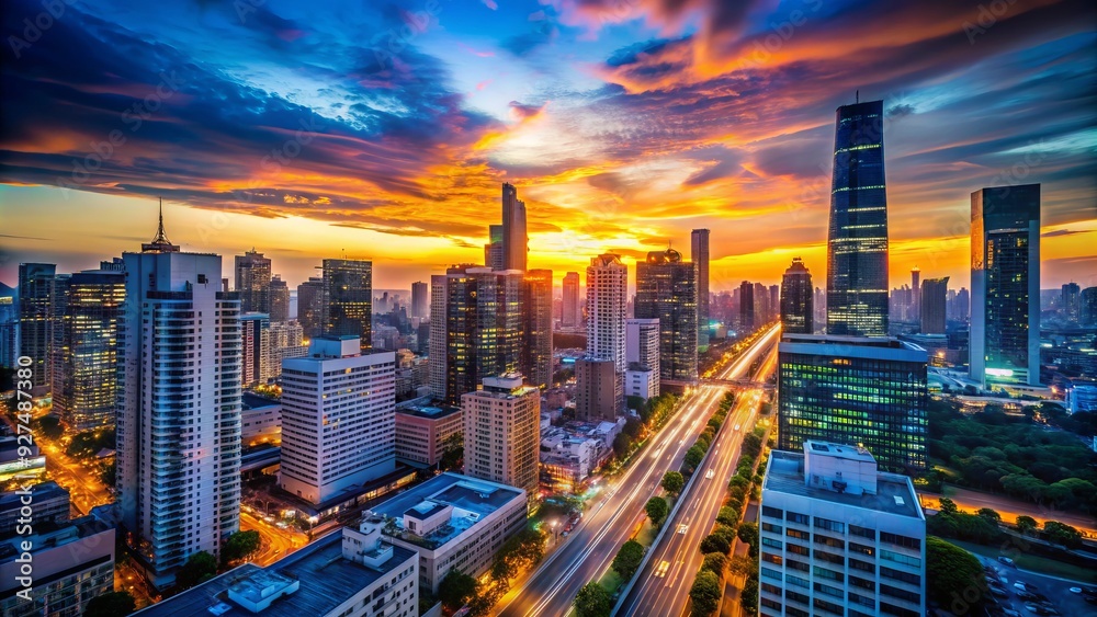 Fototapeta premium Blurred urban cityscape at dusk with modern skyscrapers and busy streets contrasting with a serene, gradient blue and orange sunset developing in the background.