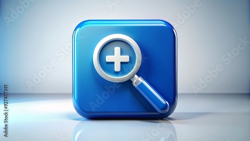 Blue rounded rectangular icon with a white magnifying glass and plus sign, symbolizing enlargement, focus, and detailed examination on a light background.