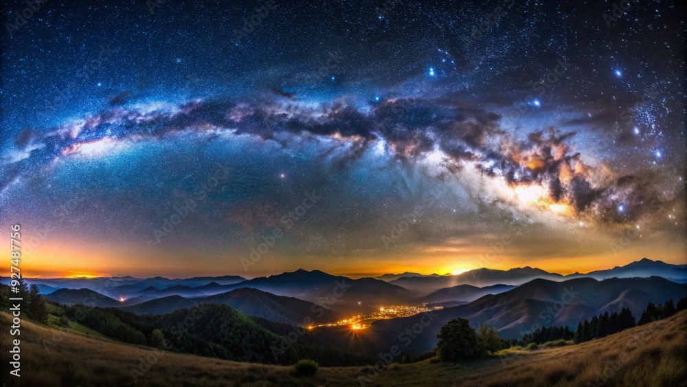 Breathtaking wide-angle night sky panorama featuring a millions-strong twinkling starfield above a serene, dark silhouette of rolling hills and mountainous landscape. Breathtaking wide-angle night sky panorama featuring a millions-strong twinkling starfield above a serene, dark silhouette of rolling hills and mountainous landscape.