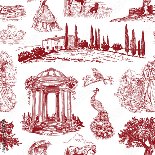 Abstract Victorian seamless pattern with hand drawn illustration with country life, couple villager in Toile de jouy style. Retro elegance blue Chinoiserie print. Vintage wallpaper for bedroom