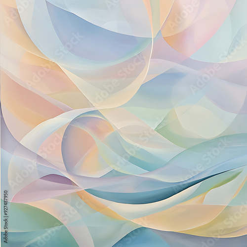 An abstract design with soft, flowing shapes and a pastel color palette