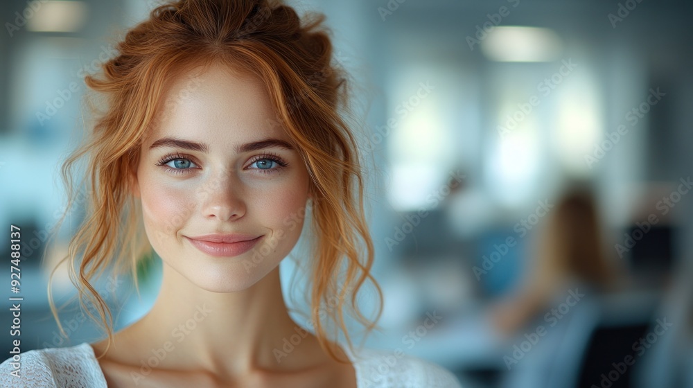 A cheerful woman beams joyfully amidst a vibrant office atmosphere A cheerful woman beams joyfully amidst a vibrant office atmosphere