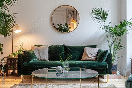 Modern living room with a green velvet sofa, round mirror on the wall, and a glass coffee table, decorated with plants and minimalist lighting