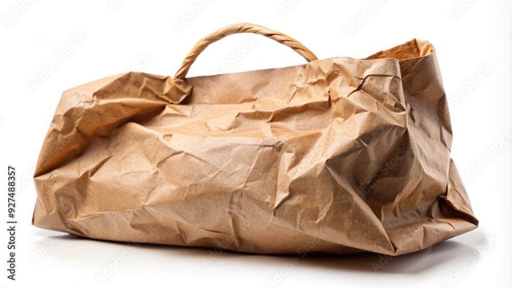 Brown paper sack with twisted paper handle and subtle wrinkles, isolated on a white background, evoking a sense of nostalgia and simplicity. Brown paper sack with twisted paper handle and subtle wrinkles, isolated on a white background, evoking a sense of nostalgia and simplicity.