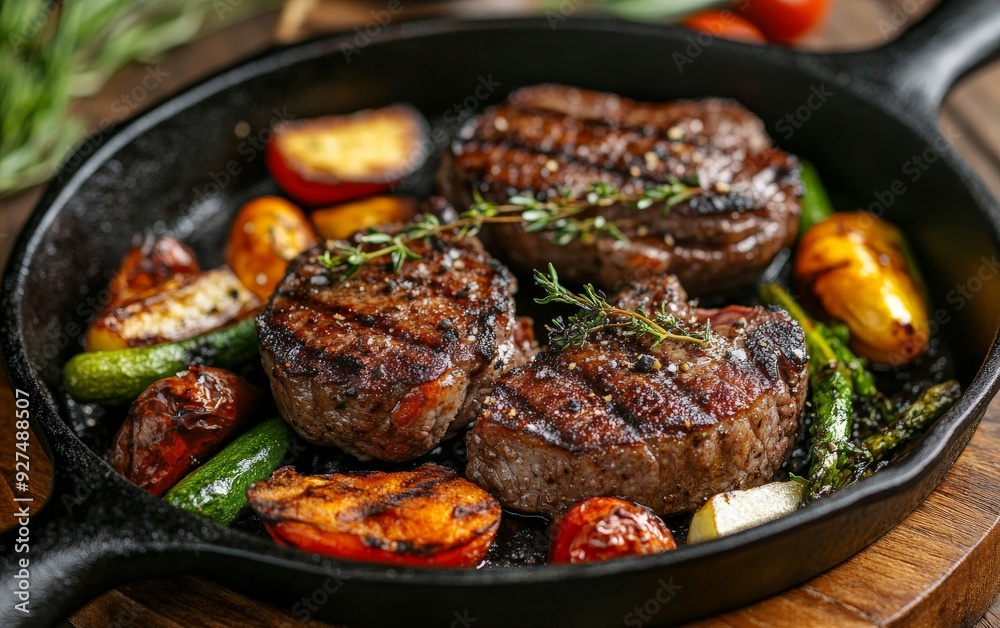 Grilled steak with vegetables on a cast-iron skillet. Grilled steak with vegetables on a cast-iron skillet.