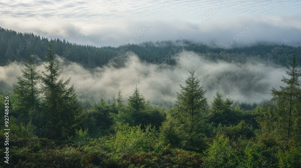 Fototapeta premium Serene Morning Mist Blankets Forest Canopy - Tranquil Nature Landscape with Low Clouds and Trees in Dawn Light